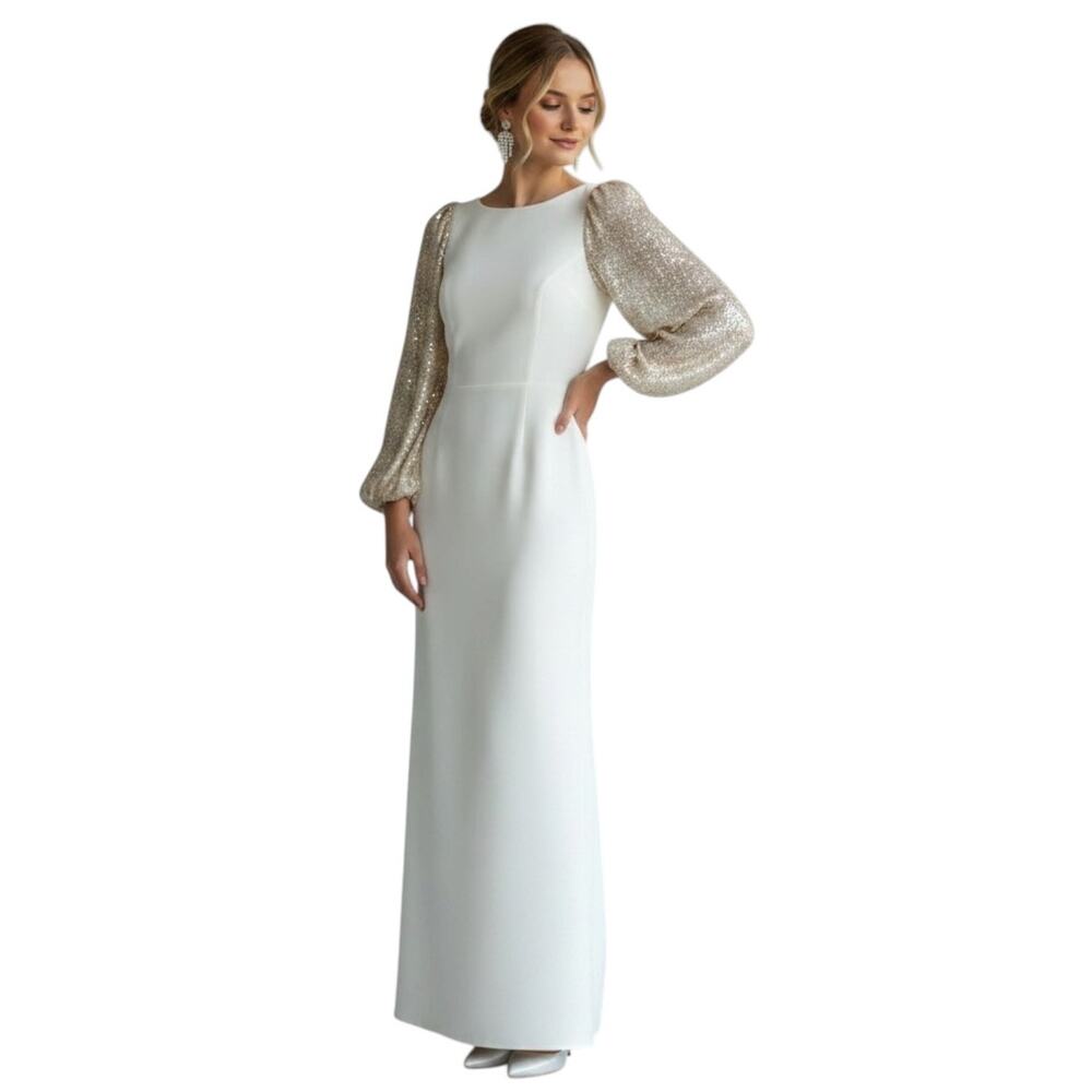 Eliza J White Crepe Sequin Balloon Sleeve Wedding Formal Ball Gown Dress Size 4